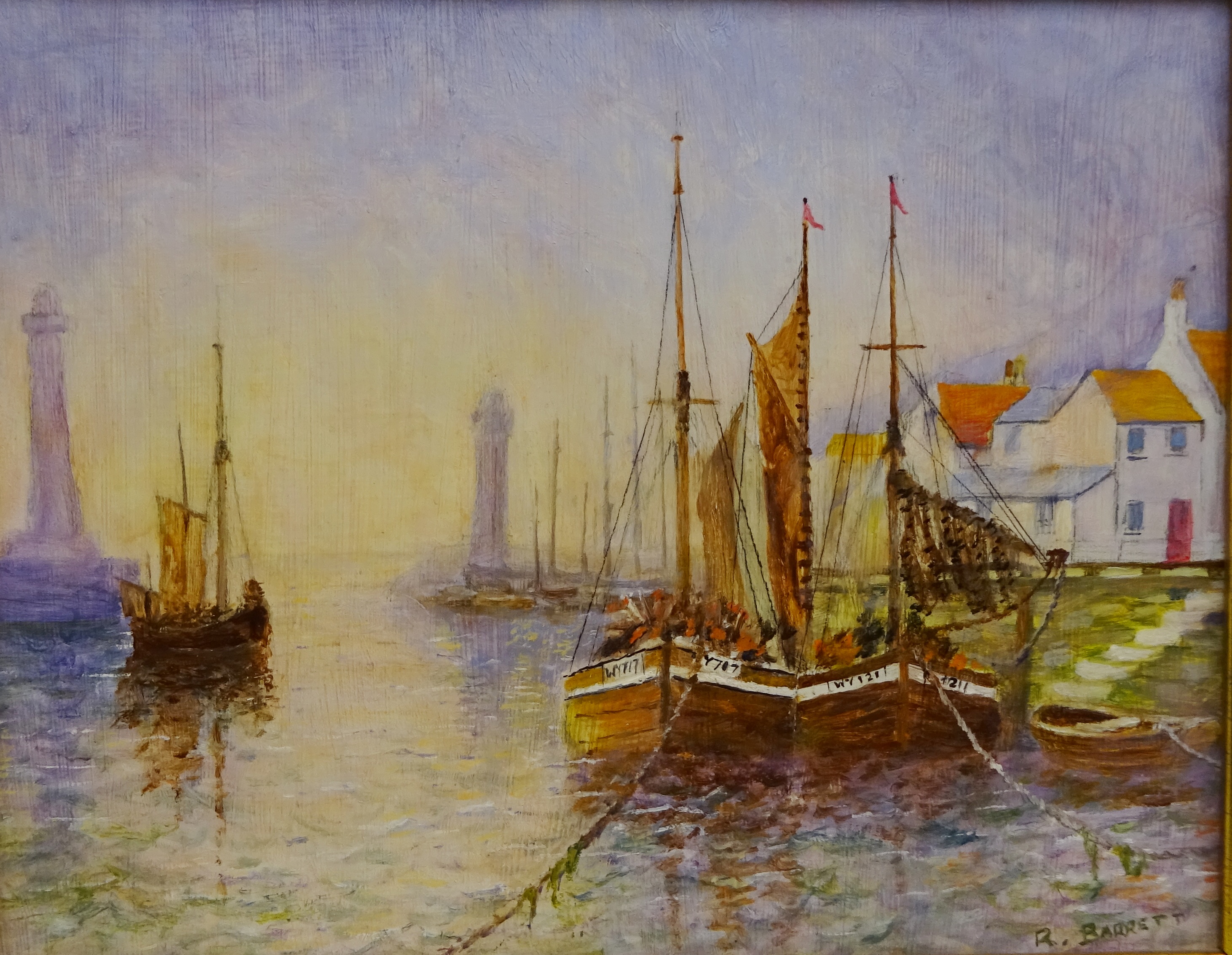 'Whitby Harbour', oil on board signed by R Barrett and Nina Pickup (British 20th century): - Image 2 of 5