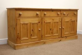 Solid pine dresser base, three drawers above three cupboards, plinth base, W183cm, H82cm,