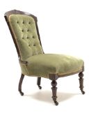 Late Victorian walnut framed upholstered bedroom chair, turned supports,
