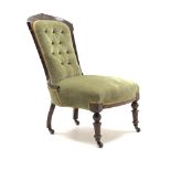 Late Victorian walnut framed upholstered bedroom chair, turned supports,