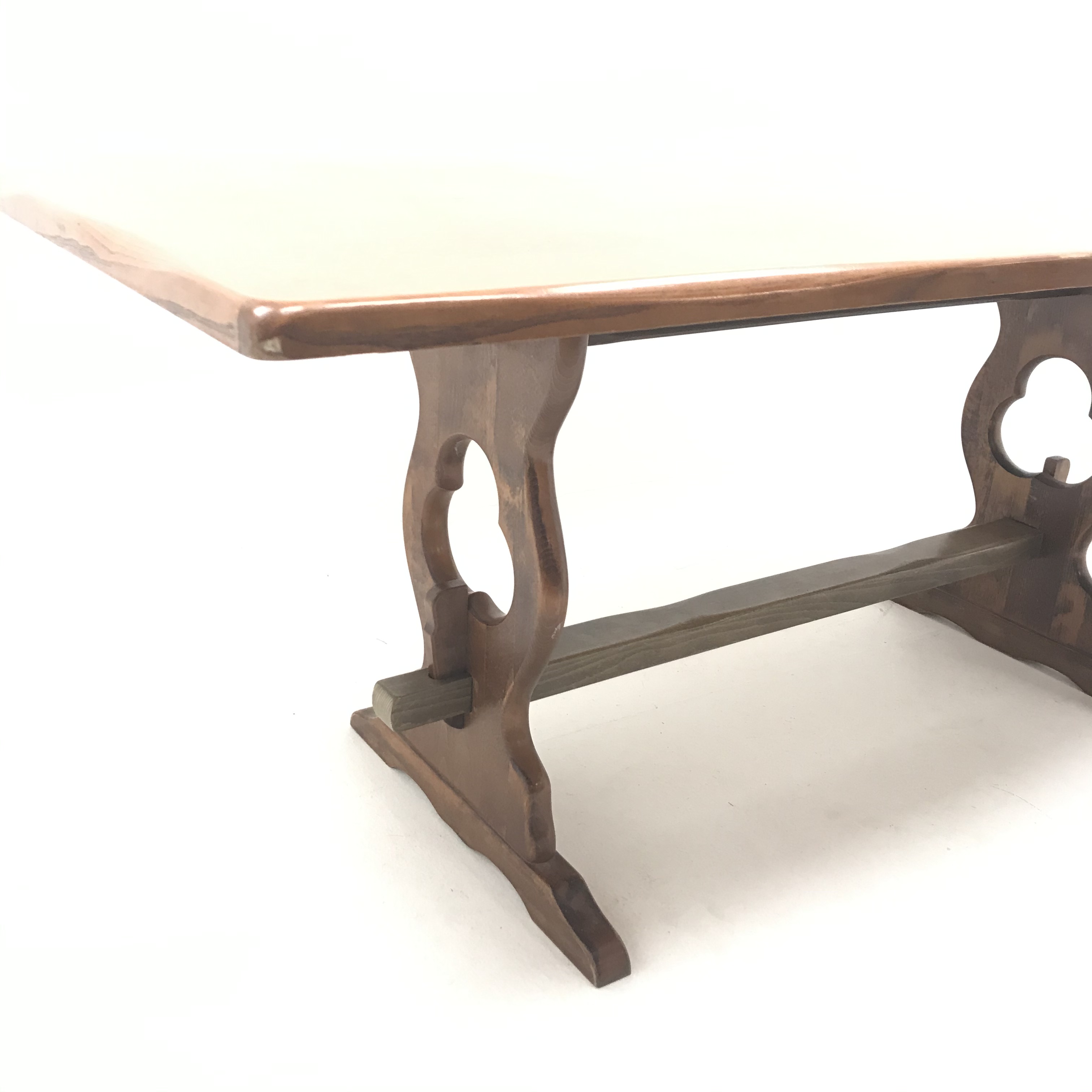 Oak refectory style dining table, pierced and shaped solid end supports joined by stretchers, - Image 3 of 3