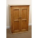 19th century pine two door cupboard, two panelled doors enclosing shelves, W85cm, H124cm,