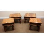 Pair medium rustic hardwood square lamp tables, metal strap detailing, turned supports (W60cm,