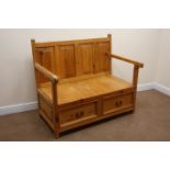Waxed pine Monks bench, four panel back, solid seat, two drawers, stile supports,