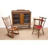 Early 20th century oak bookcase, raised shaped back, two glazed doors (W107cm, H117cm,