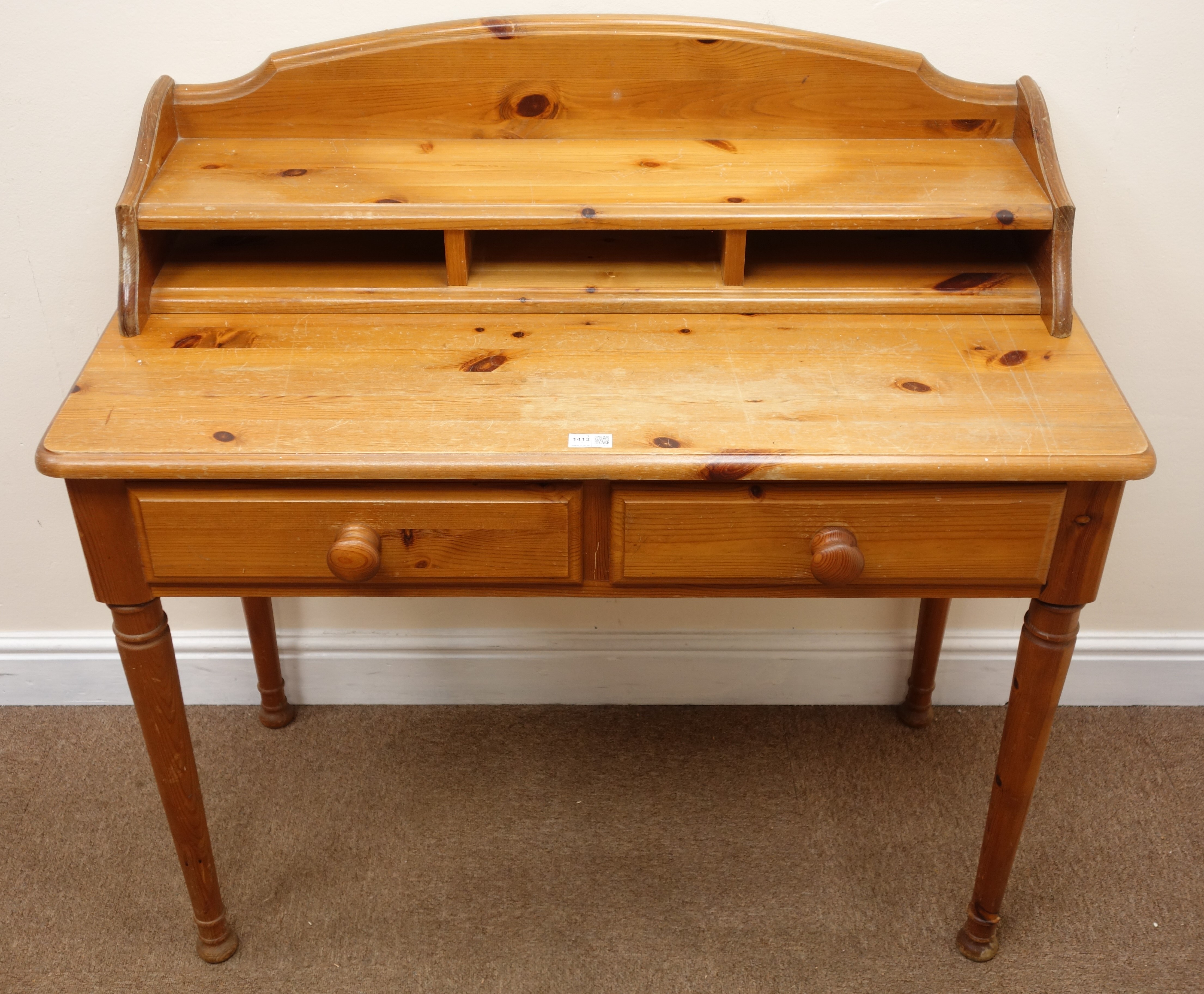 Solid pine side table, raised shaped back, two drawers, turned supports (W99cm, H97cm, - Image 2 of 4