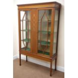 Edwardian inlaid mahogany display cabinet, projecting cornice,