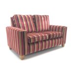Two seat sofa, upholstered in red and gold striped fabric,