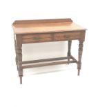 Victorian pitch pine two side table, raised shaped back, moulded top, two drawers,