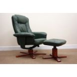 Recliner armchair upholstered in green faux leather (W77cm) with stool (2) Condition