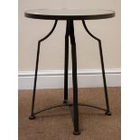 Circular mirror top side table, shaped bronzed metal supports joined by a stretcher, D42cm,