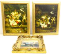 Farmyard Hens, two 20th century oils on canvas one signed with initials and Horse and Carriage,