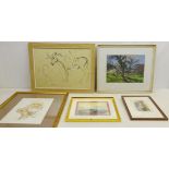 Figure in the Woods, oil on board indistinctly signed, Donkey, pen drawing unsigned,