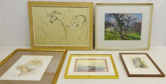 Figure in the Woods, oil on board indistinctly signed, Donkey, pen drawing unsigned,