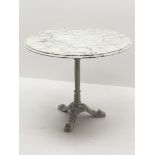 Circular moulded marble top garden table with ornate cast iron base, D90cm,