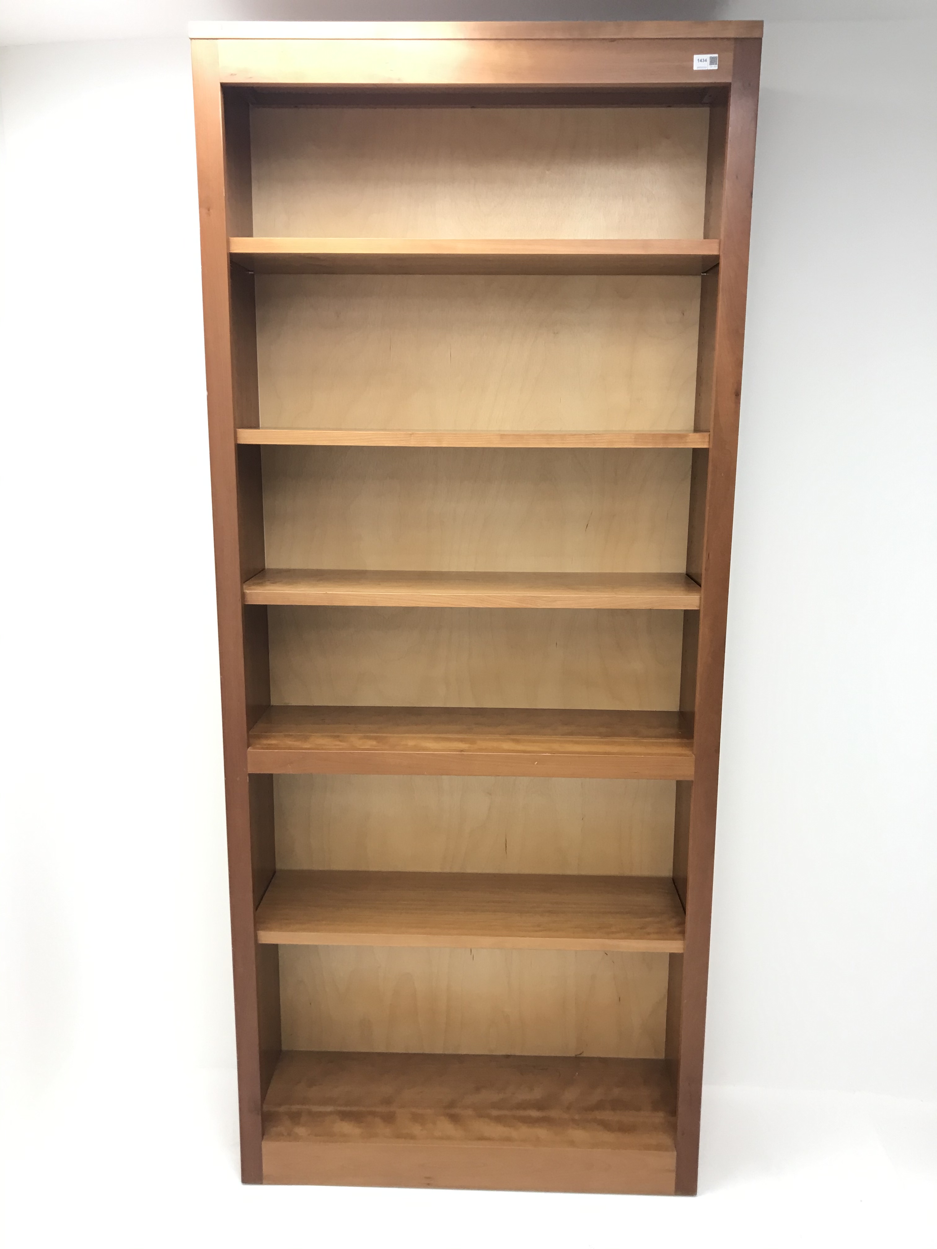 Cherry wood open bookcase, four adjustable shelves, plinth base, W92cm, H215cm, - Image 2 of 2