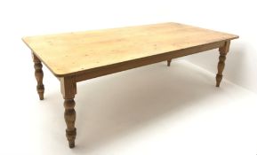 Large pine rectangular farmhouse dining table, two drawers to one end, turned supports, W244cm,