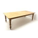 Large pine rectangular farmhouse dining table, two drawers to one end, turned supports, W244cm,