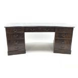 Georgian style mahogany shaped office desk, three piece leather inset top, eight drawers,