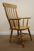 Farmhouse beech slat back armchair, turned supports joined by double 'H' stretcher,