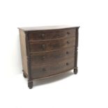 Regency figured mahogany bow front chest, four graduating drawers, turned supports, W112cm, H103cm,