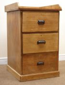 Vintage oak pedestal chest, raised shaped back, three drawers, plinth base, W62cm, H99cm,