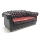 Three seat Chesterfield sofa, upholstered in deep buttoned oxblood leather,