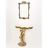 Shaped marble top console table, gilt cherub column support (W80cm, H80cm,