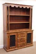 Rustic hardwood dresser with twin shelf back metal strap detailing,