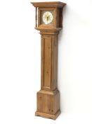 Polished pine cottage longcase clock with square brass dial,