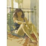 Ken Howard (British 1932-): 'Dora' the artist's wife seated on a bed,