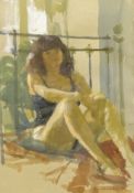 Ken Howard (British 1932-): 'Dora' the artist's wife seated on a bed,