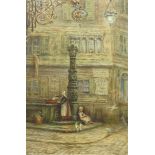 J Young (19th/20th century): Corner of a French Street with Girls and Pigeons,