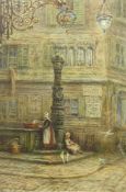 J Young (19th/20th century): Corner of a French Street with Girls and Pigeons,