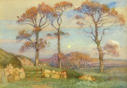 Albert Moulton Foweraker (British 1873-1942): 'Three Cornish Elms - Evening', watercolour signed,
