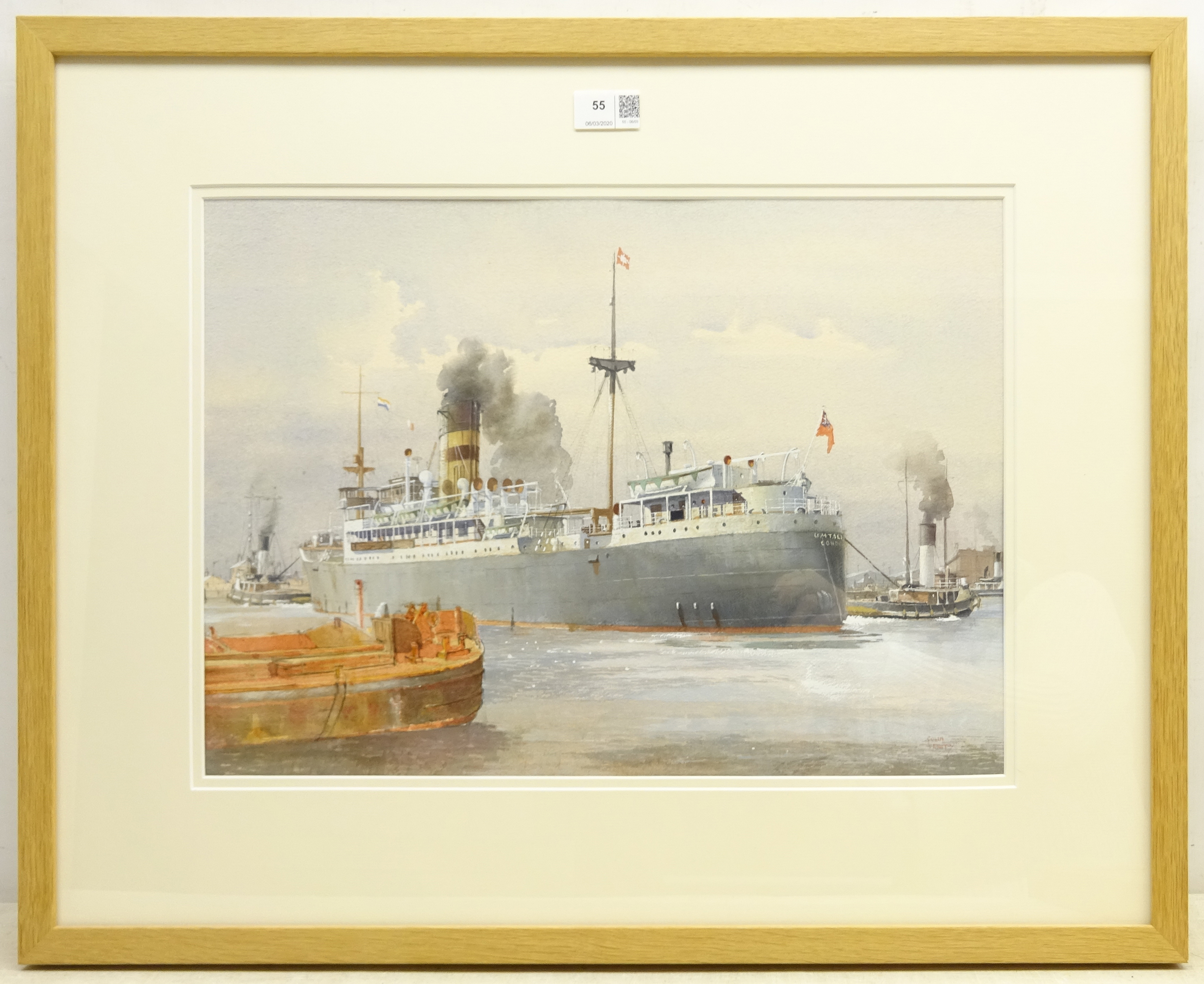 Colin Verity RSMA (British 1924-2011): 'S S Umtali' manoeuvring to leave King George V Dock Hull, - Image 2 of 2