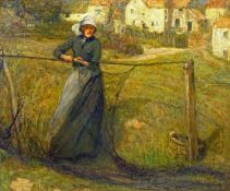 Mark Senior (Staithes Group 1862-1927): 'Mrs Peggy Calvert' Mending Nets at Runswick Bay,