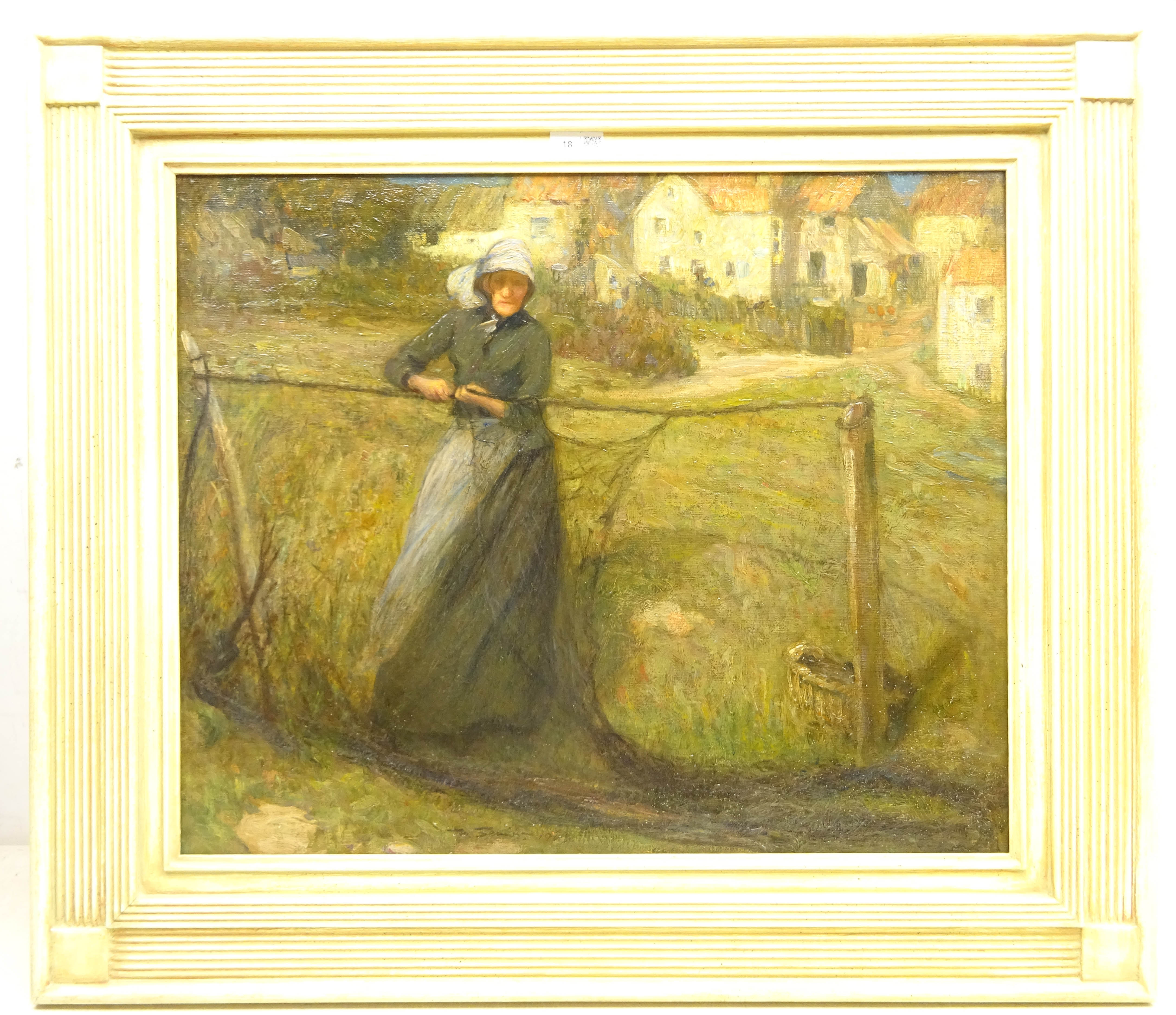 Mark Senior (Staithes Group 1862-1927): 'Mrs Peggy Calvert' Mending Nets at Runswick Bay, - Image 2 of 2