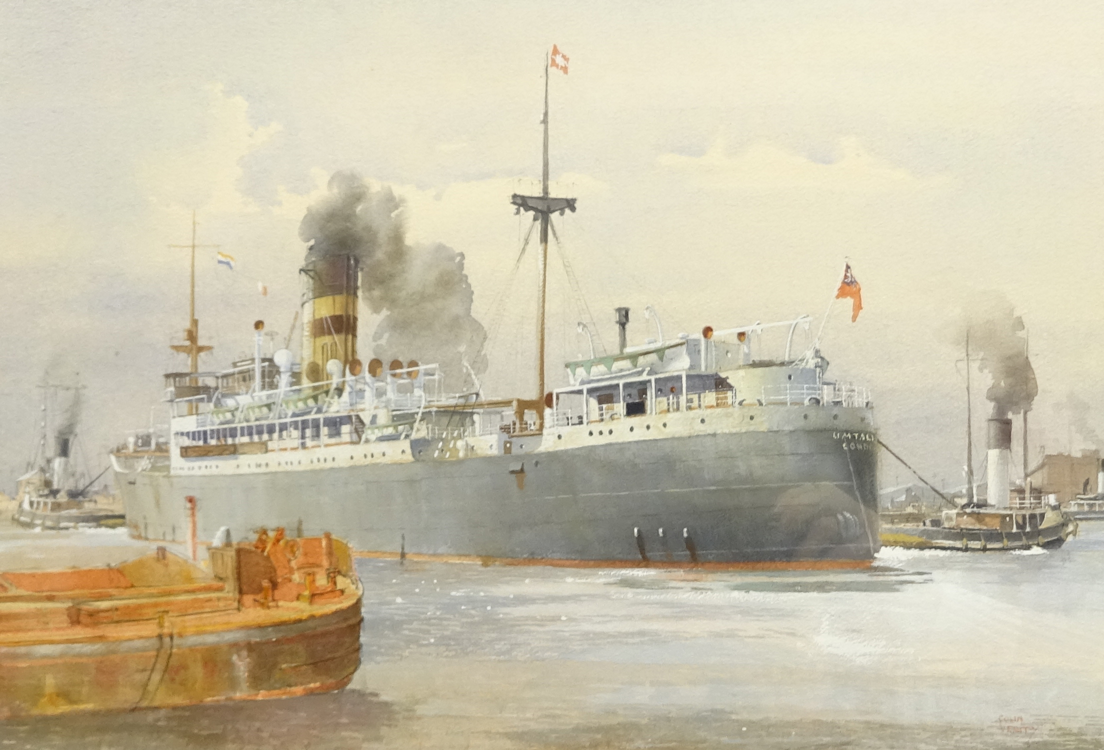 Colin Verity RSMA (British 1924-2011): 'S S Umtali' manoeuvring to leave King George V Dock Hull,