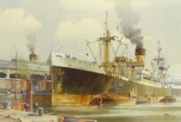 Colin Verity RSMA (British 1924-2011): Bank Line Steam Cargo Boat in Hull Docks,