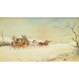 Philip H Rideout (British 1860-1920): Winter Coaching scenes, pair oils on board signed 12.5cm x 21.