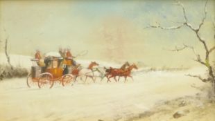 Philip H Rideout (British 1860-1920): Winter Coaching scenes, pair oils on board signed 12.5cm x 21.