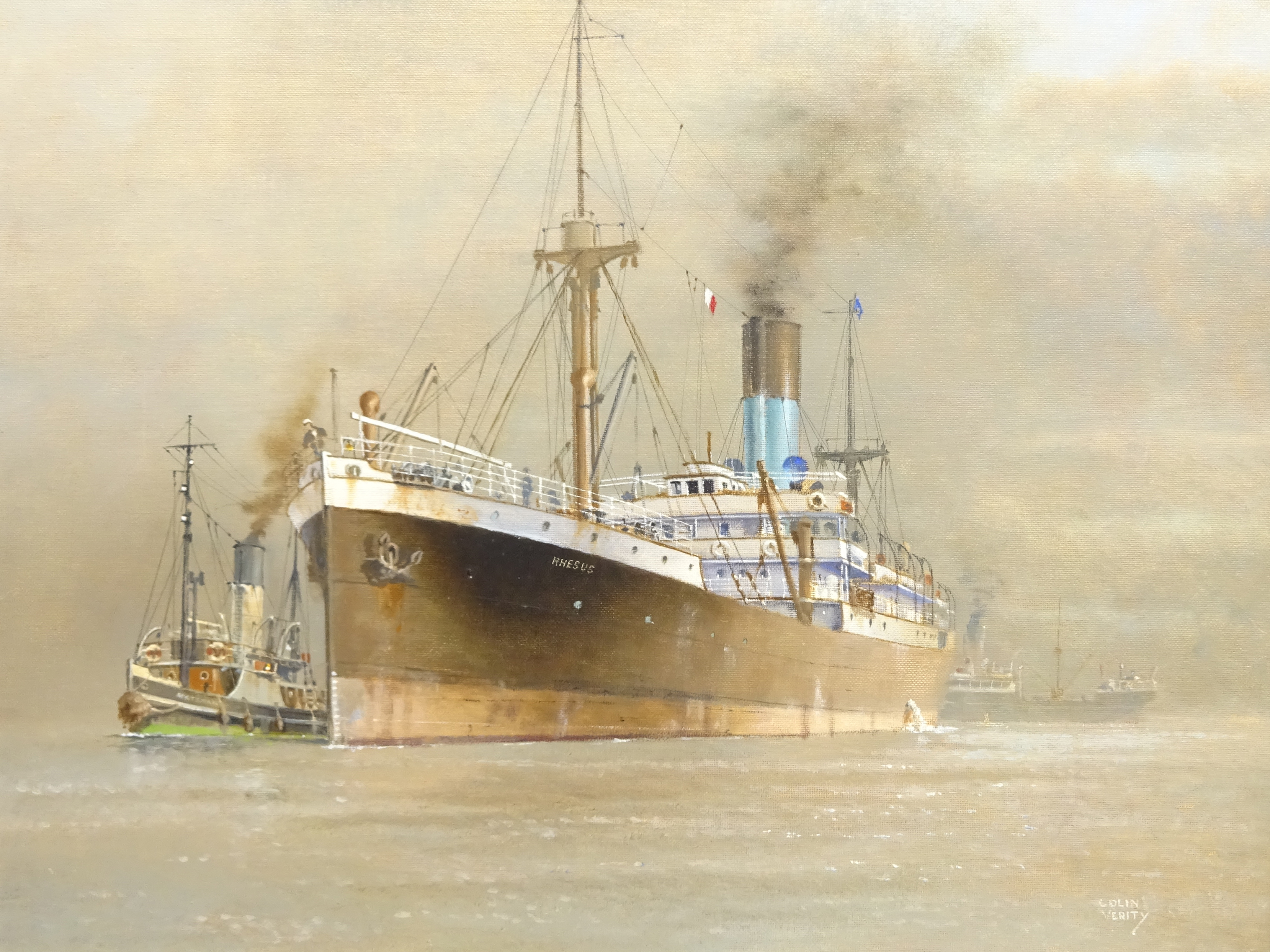 Colin Verity RSMA (British 1924-2011): Blue Funnel Line 'S S Rhesus' being assisted by a Steam Tug,