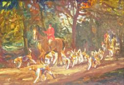 Geoffrey Mortimer (British 1896-1986): Riding to Hounds through Woodland,