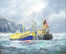 Jack Rigg (British 1927-): 'Helpmates' - Whitby Lifeboat alongside a Berwick Fishing Boat,