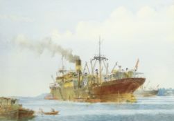 Colin Verity RSMA (British 1924-2011): Bank Line 'Tramp Steamer' in Chinese Waters,