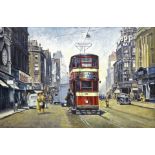 Robert Nixon (British 1955-): Trams in Briggate Leeds, oil on canvas signed and dated '95,