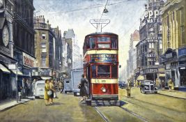 Robert Nixon (British 1955-): Trams in Briggate Leeds, oil on canvas signed and dated '95,