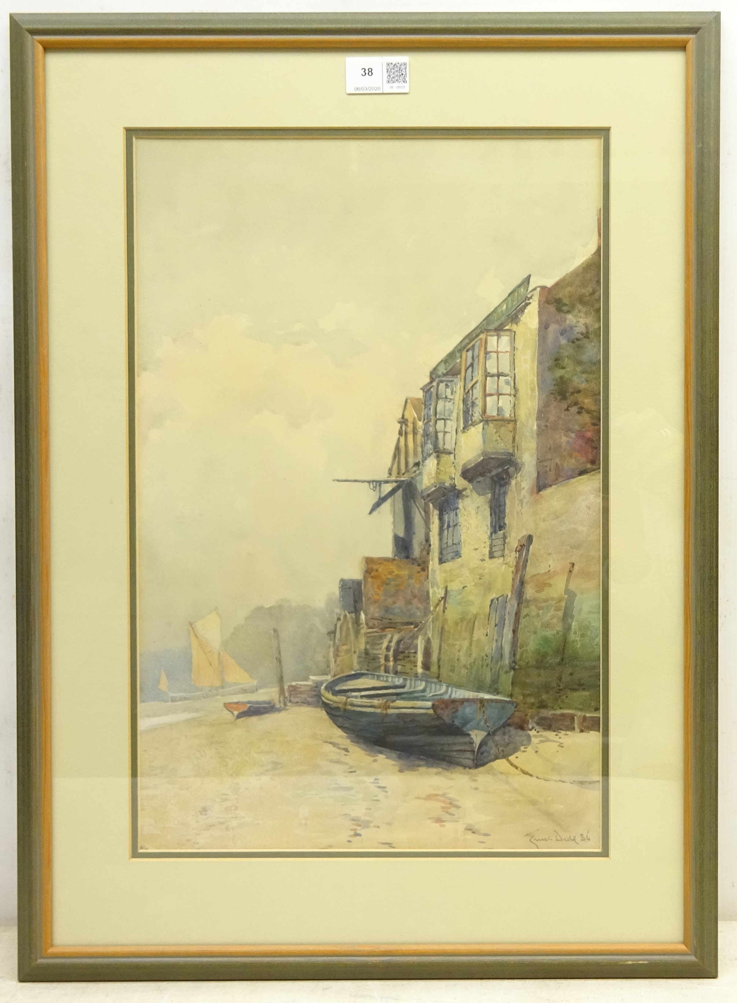 Ernest Dade (Staithes Group 1868-1935): Beached Coble, watercolour signed and dated '86, - Image 2 of 2