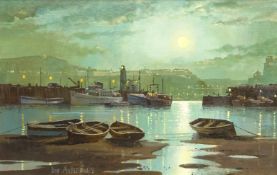 Don Micklethwaite (British 1936-): Scarborough Harbour by Moonlight,